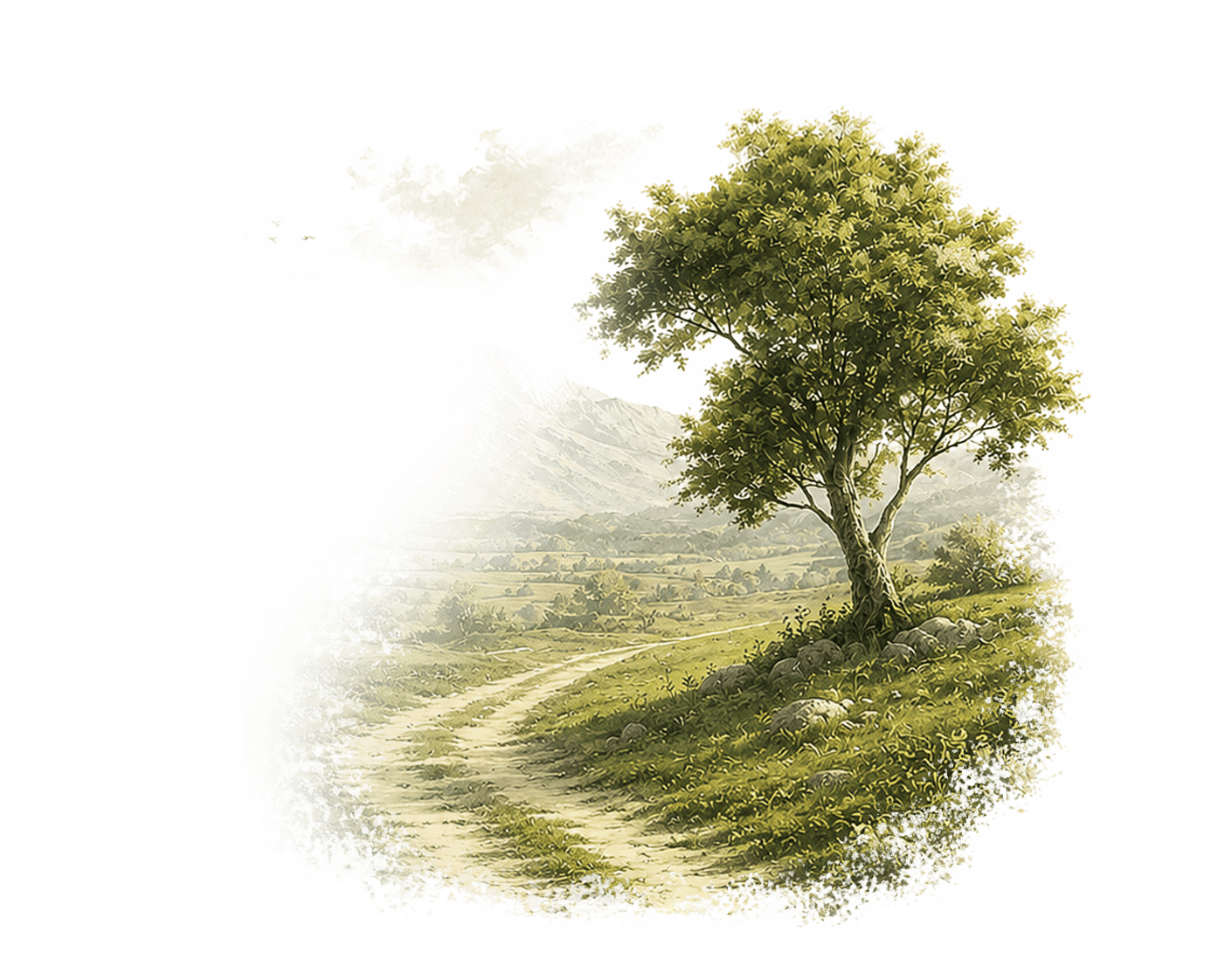 Landscape with a tree, winding path, and mountains